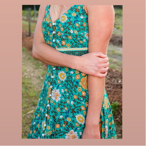 SOLD 🔴 Boho Buys long dress Printed floral fits XS, S green yellow blue - Picture 8 of 16